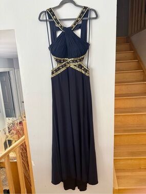 Betsy & Adam Black Gold Halter Gown Embroidered Chiffon Formal Prom